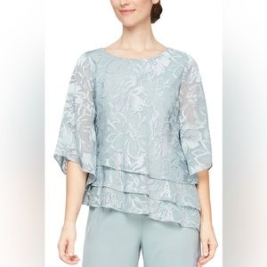 NWT Alex Evenings Chiffon Blouse Asymmetrical Triple Tier Hem Illusion S…